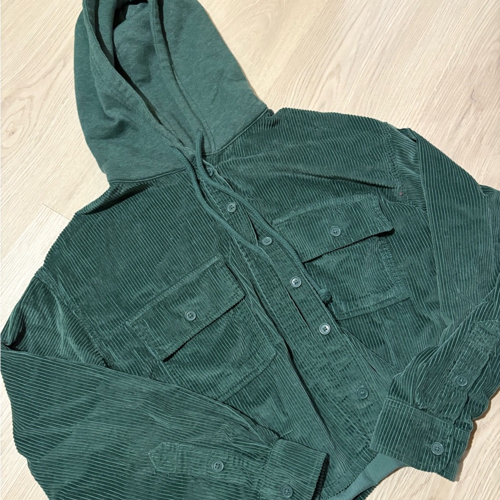Green Corduroy Hooded Cropped Jacket